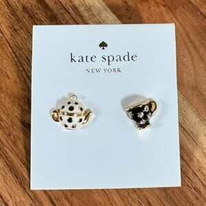 Kate Spade Tea Time Teapot & Teacup Stud Earrings NWOT - Gold Enamel